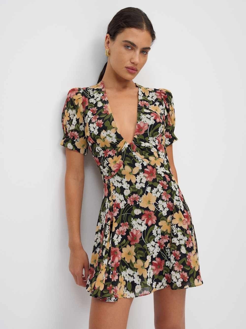 Reformation The Akaia Floral V-Neck Mini Dress Size 2